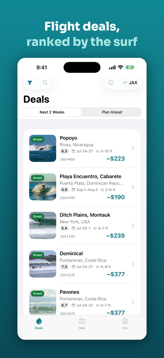 App screenshot titled 'Flight deals, ranked by the surf': the Deals feed listing Popoyo, Cabarete, Montauk, Dominical and Pavones with surf scores, dates, wave heights and round-trip fares.